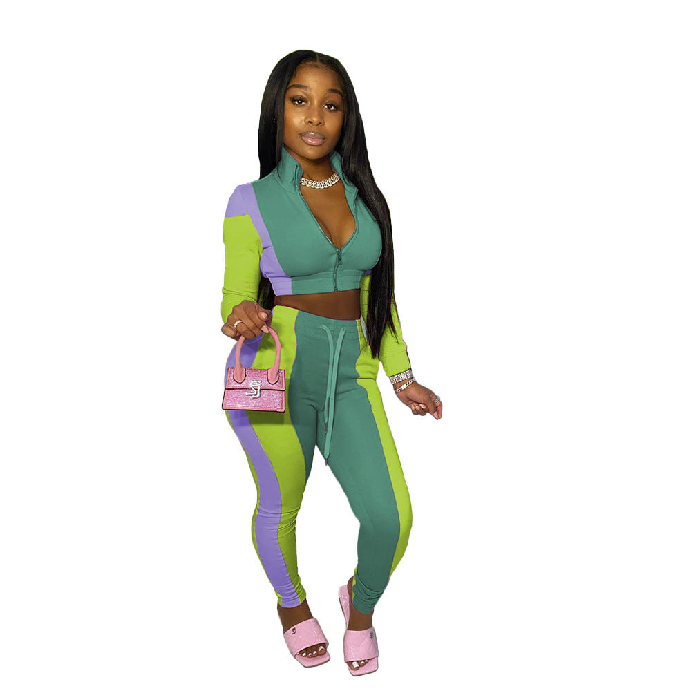 Women's Panelled Multicolor Athleisure Pants Two-Piece Set