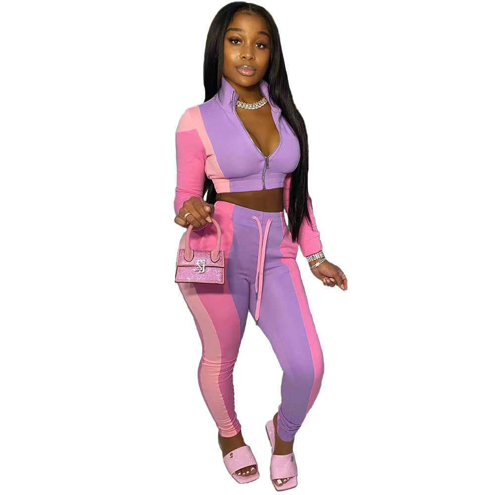 Women's Panelled Multicolor Athleisure Pants Two-Piece Set