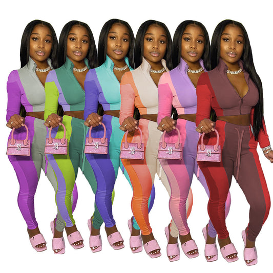 Women's Panelled Multicolor Athleisure Pants Two-Piece Set